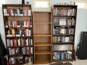 An empty bookshelf sits between two filled bookshelves